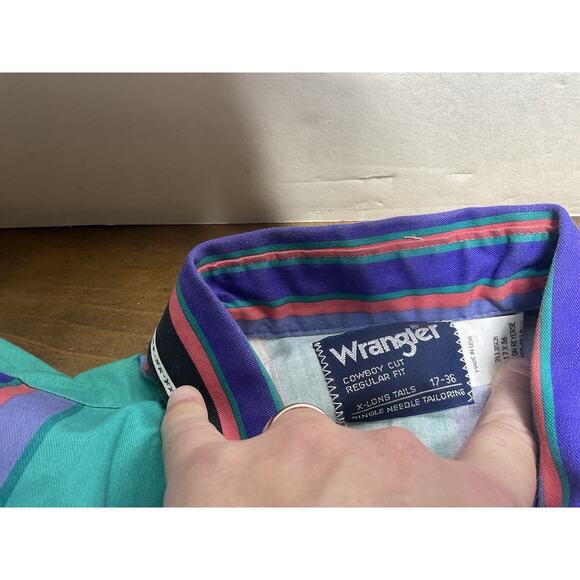 Vintage Wrangler Brushpopper Western Striped Button Up X-Long Tails 17x36 USA - Picture 11 of 15